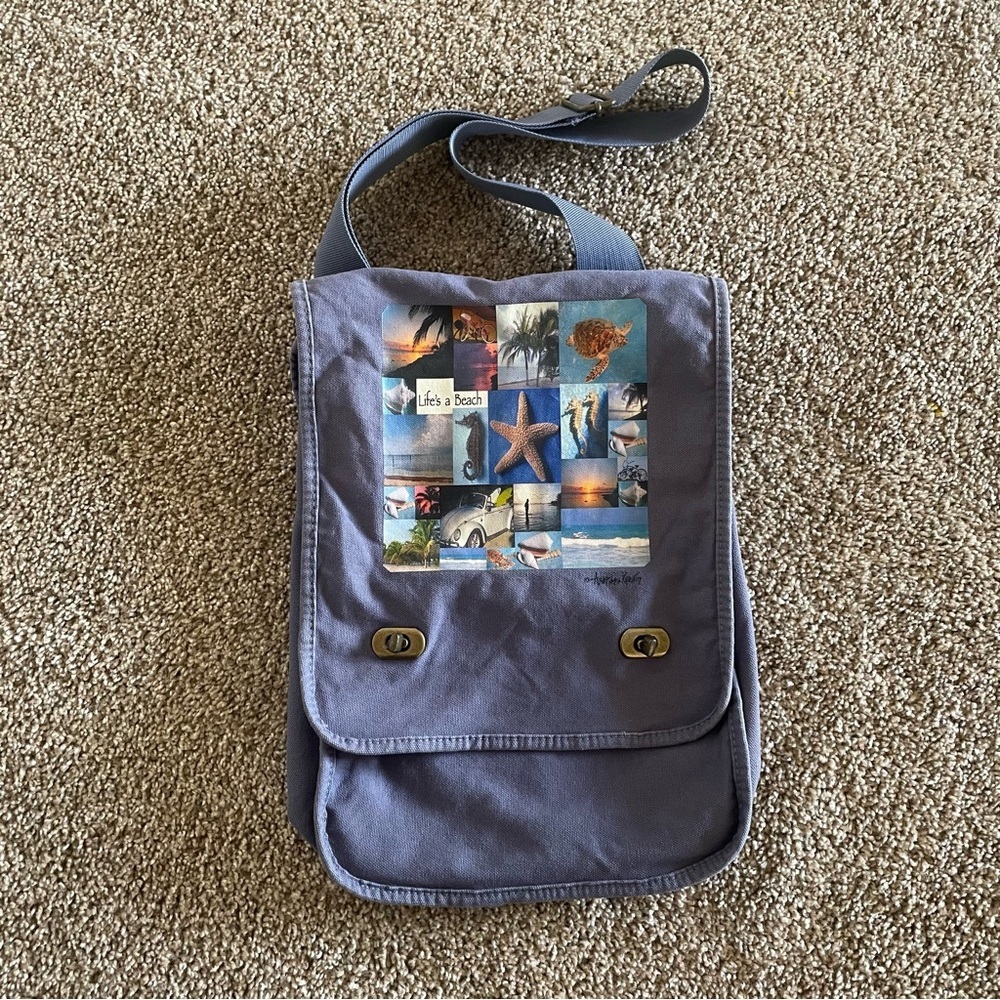 Dharma Love Life’s a Beach Blue Canvas Messenger Book Bag Crossbody Ocean Relax